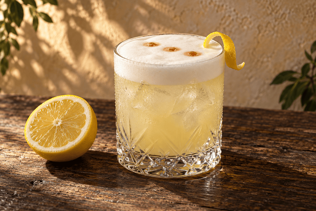 Gin Sour mit Eiweißschaum, Zitronenscheibe und Tropfen Bitter
