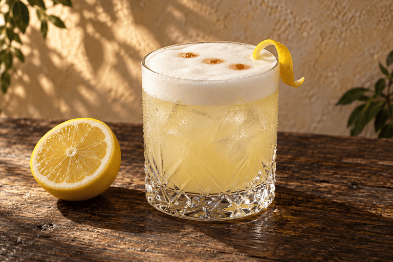 Gin Sour mit Eiweißschaum, Zitronenscheibe und Tropfen Bitter