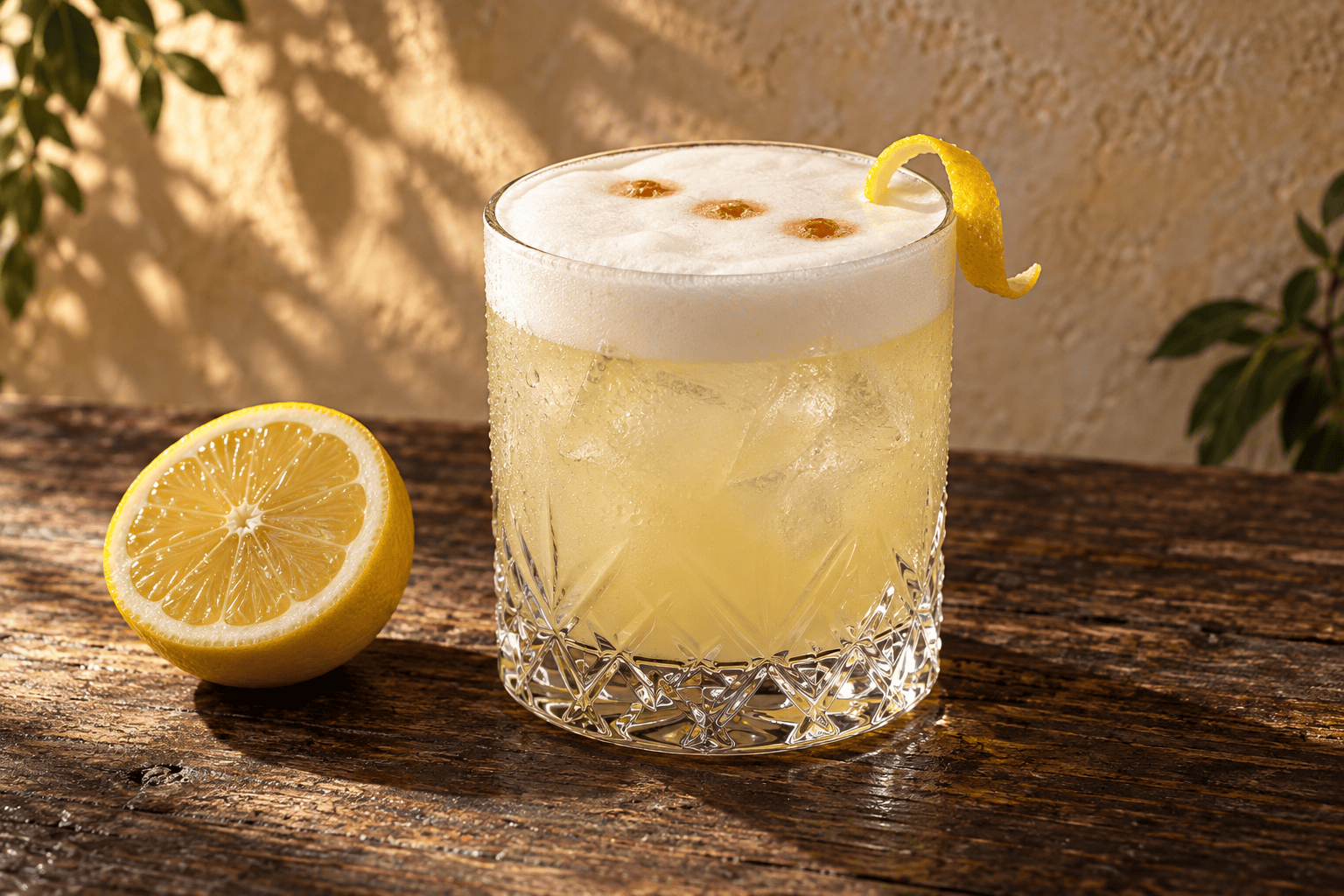 Gin Sour mit Eiweißschaum, Zitronenscheibe und Tropfen Bitter