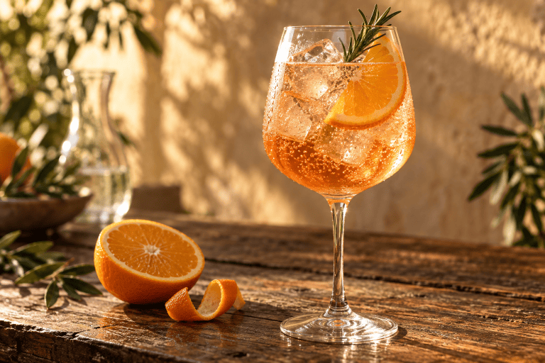 Gin Spritz im Weinglas mit Eis, Gurke und Limette