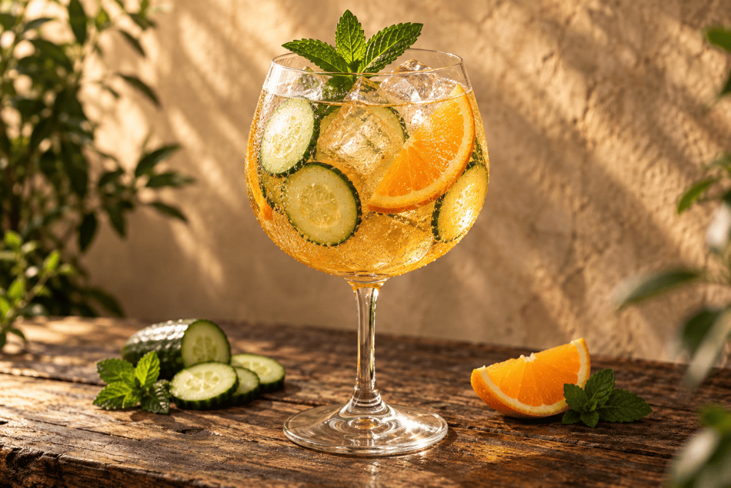 Gin Summer Cup im Ballonglas mit Gurke, Orange und Minze
