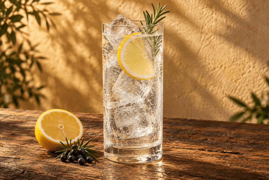 Gin Tonic im Longdrinkglas mit Eis, Zitronenscheibe und Rosmarin