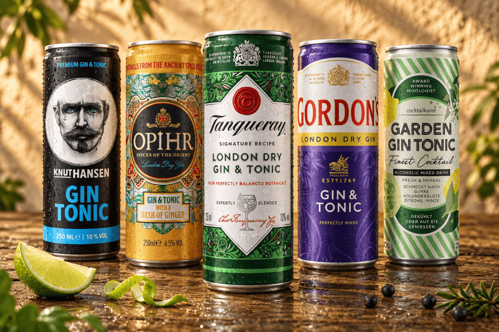 Fünf Dosen Gin Tonic stehen im Freien nebeneinander auf einem nassen Untergrund, während Sonnenlicht auf sie scheint. Daneben liegen eine Limettenscheibe und grüne Blätter. Jede Dose enthält eine perfekt ausgewogene Portion Gin Tonic und besticht durch einzigartige, farbenfrohe Designs und Markenzeichen.