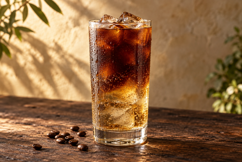 Gin Tonic Coffee im Longdrinkglas mit Eis und Kaffeebohnen