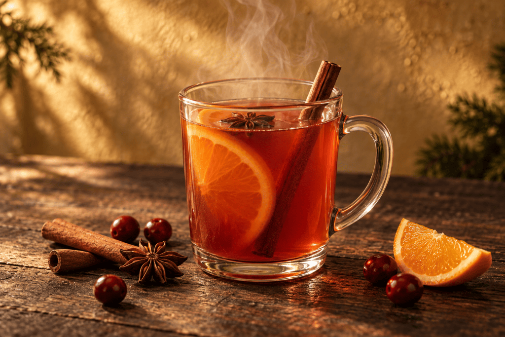 Heißer Glühgin im Glas mit Orangenscheibe, Zimtstange und Sternanis
