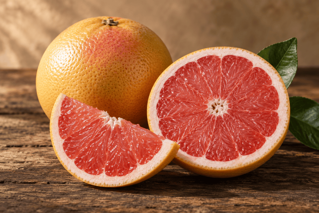Grapefruit, ganz und aufgeschnitten mit rosa Fruchtfleisch