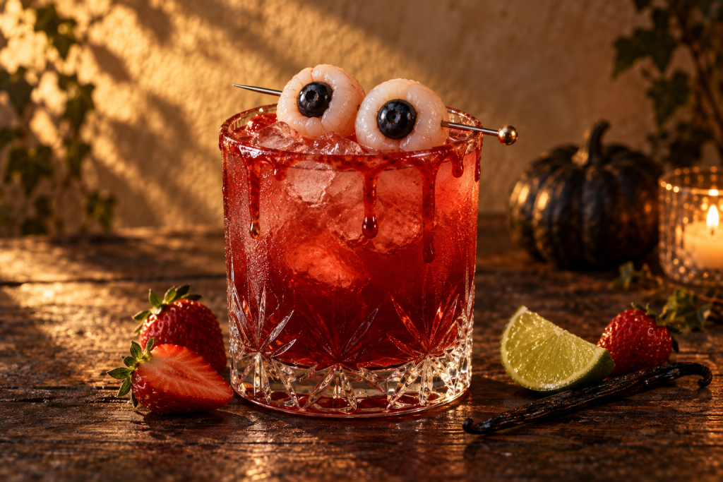 Roter Halloween Gin Cocktail mit Litschi-Augen als Deko