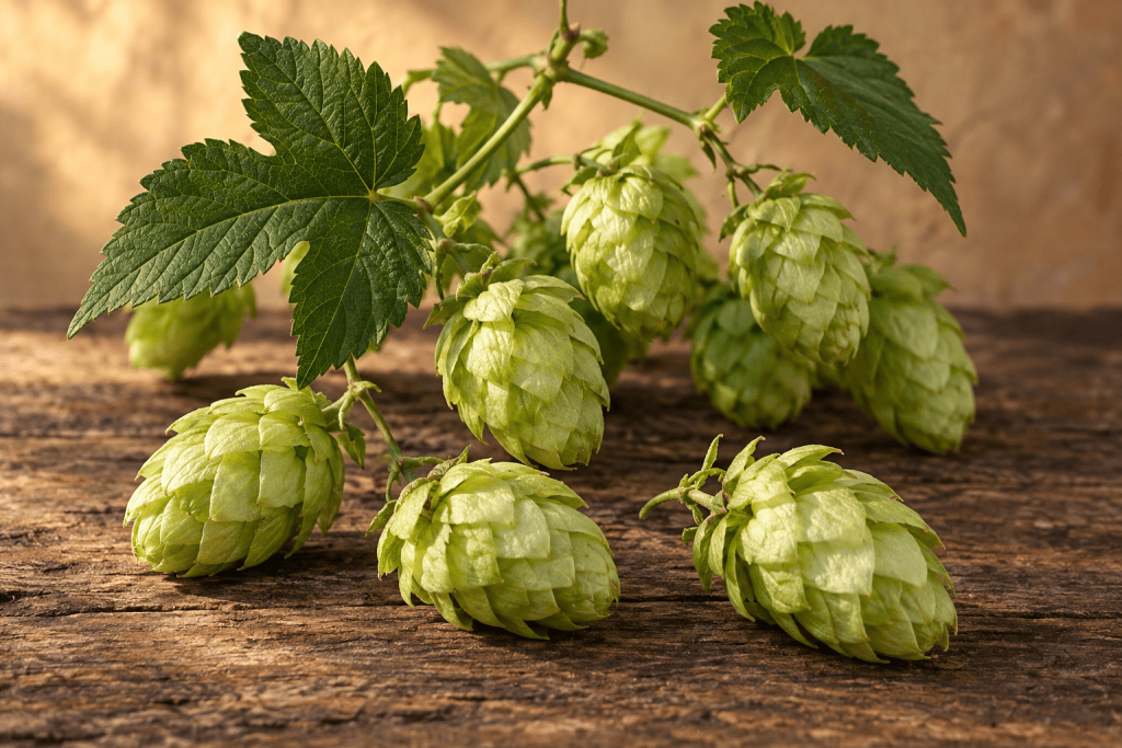 Grüne Hopfendolden mit Hopfenblatt