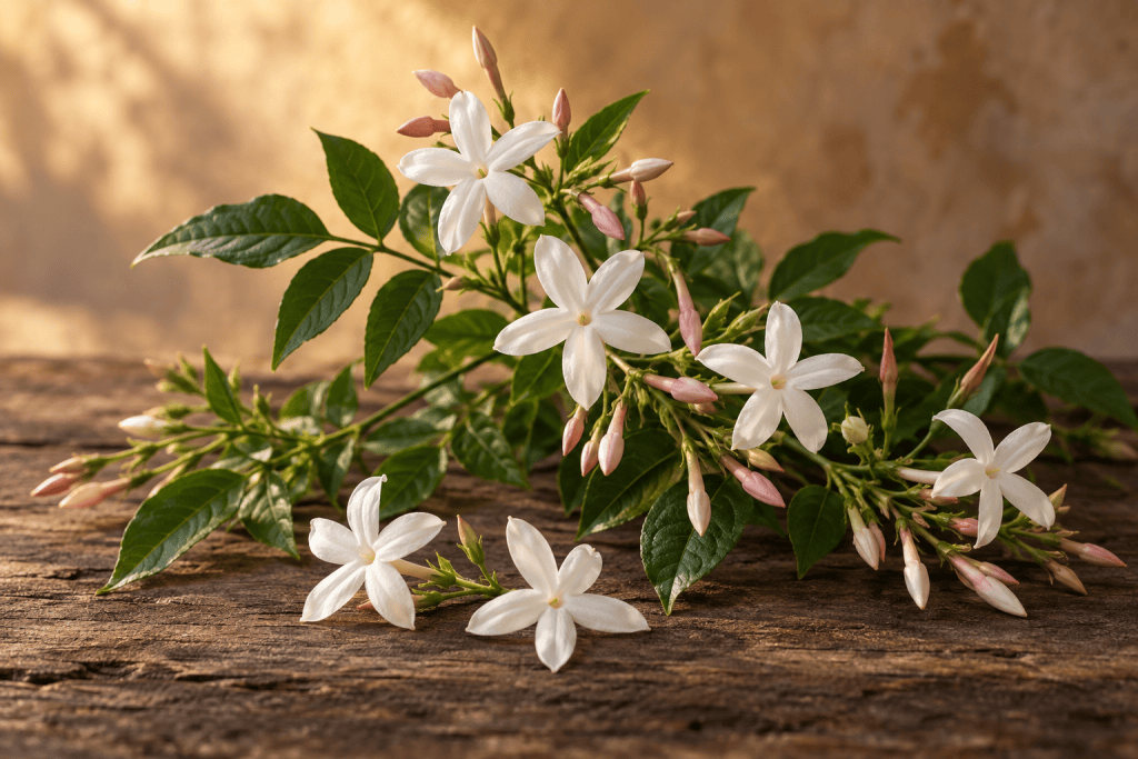 Weiße Jasminblüten mit Knospen und Blättern