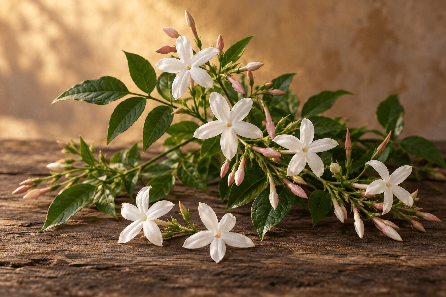 Weiße Jasminblüten mit Knospen und Blättern