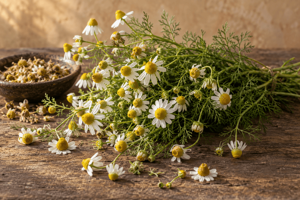 Frische Kamillenblüten und getrocknete Kamille in einer Schale