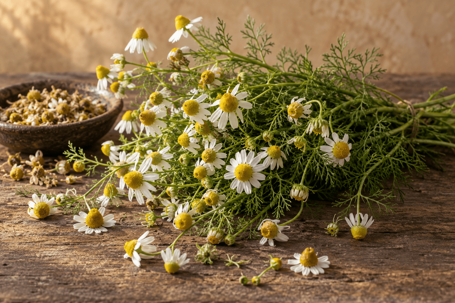 Frische Kamillenblüten und getrocknete Kamille in einer Schale