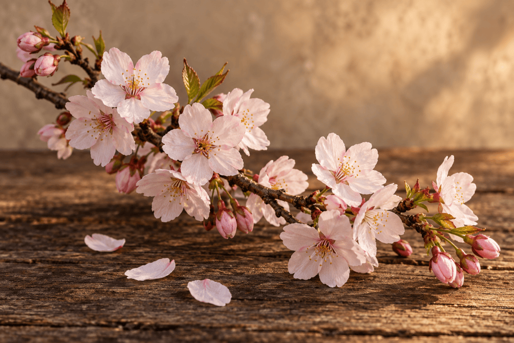 Rosa Kirschblüten an einem Zweig mit einzelnen Blütenblättern