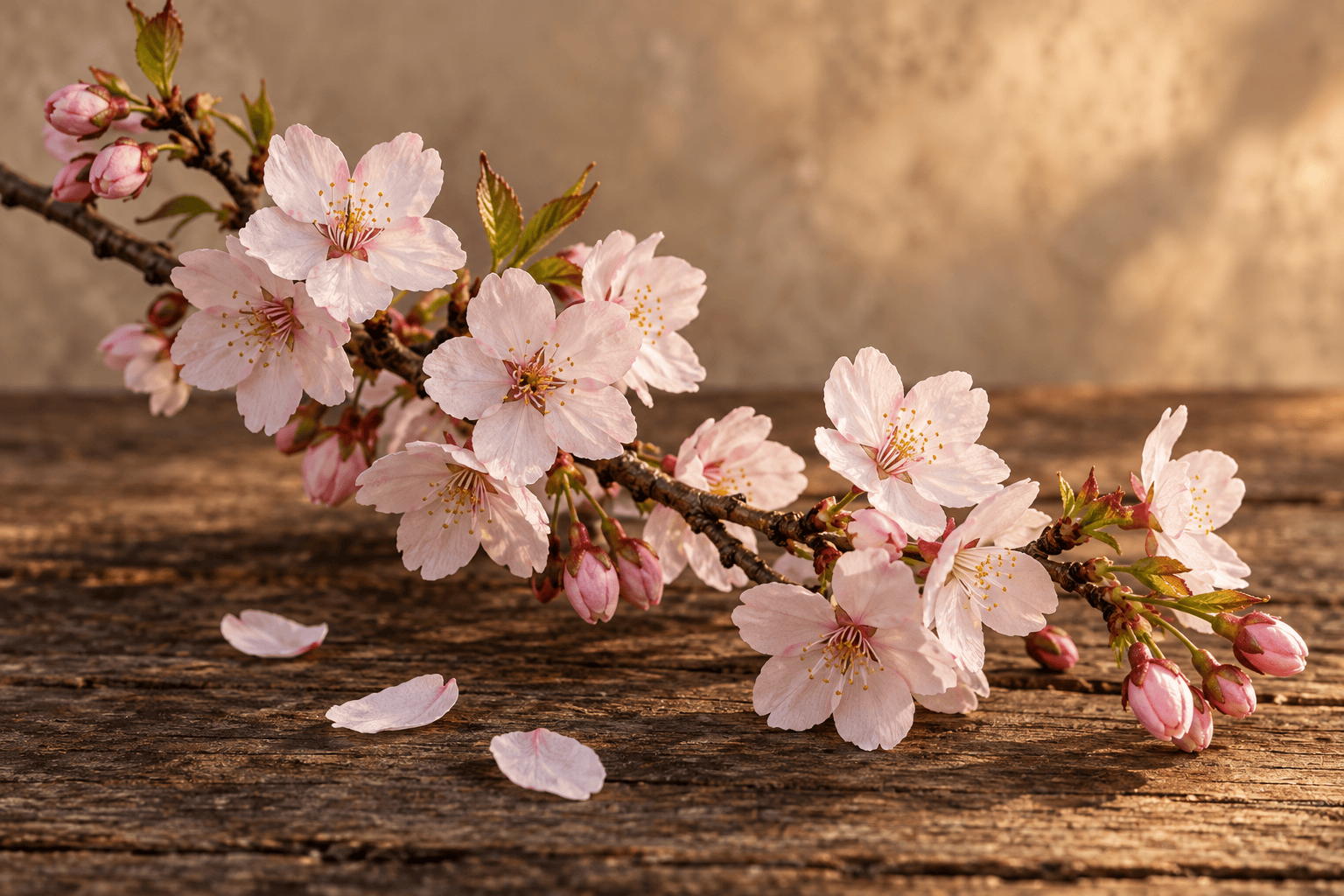 Rosa Kirschblüten an einem Zweig mit einzelnen Blütenblättern