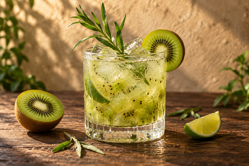 Kiwi Cooler im Tumbler mit Kiwischeibe und Rosmarin