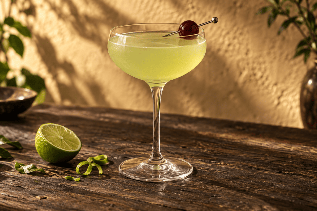 Last Word Cocktail in der Coupette mit Cocktailkirsche und Limette