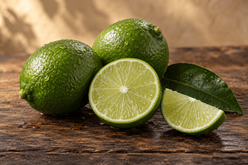 Limetten, ganz und halbiert, mit Blättern