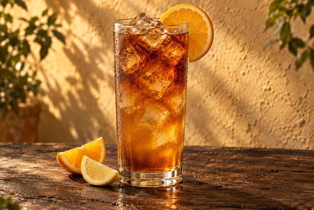 Long Island Iced Tea im Longdrinkglas mit Eis und Orangenscheibe