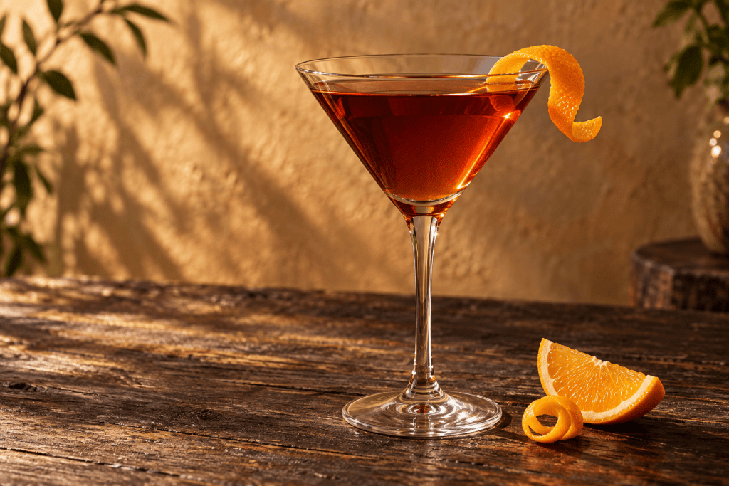 Martinez Cocktail im Martini-Glas mit Orangenzeste