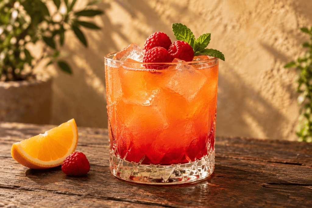 Nadaris Cocktail im Tumbler mit Himbeeren und Minze