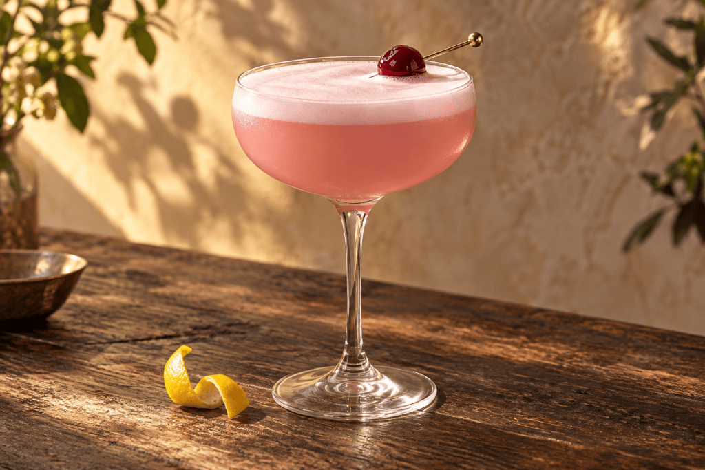 Pink Lady Cocktail mit Schaumkrone und Cocktailkirsche in der Cocktailschale
