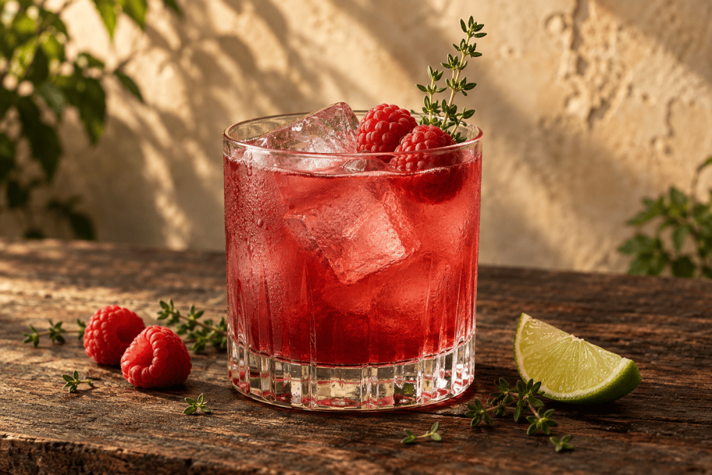 Raspberry Thyme Smash im Tumbler mit Himbeeren und Thymian