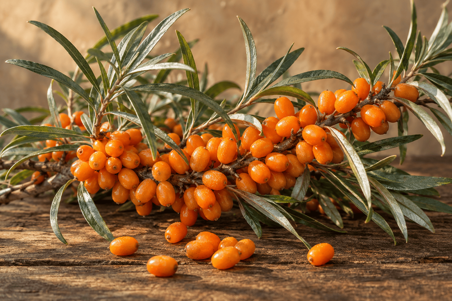 Sanddornzweig mit orangefarbenen Beeren