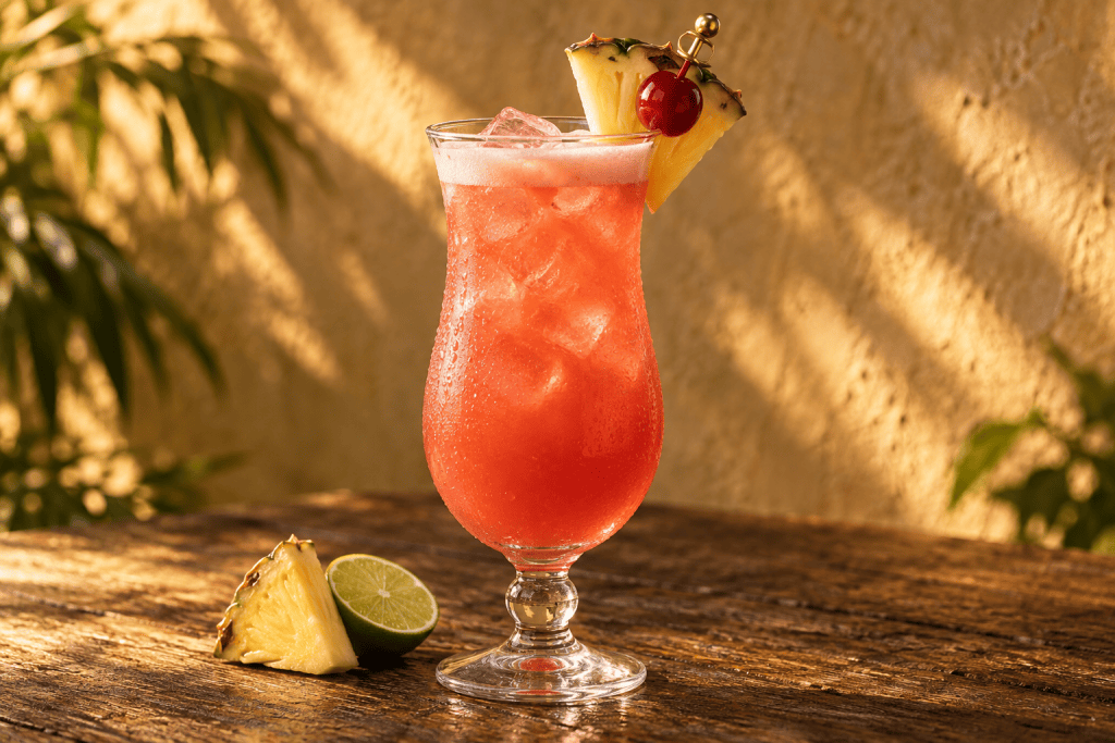 Singapore Sling im Hurricane-Glas mit Ananas und Cocktailkirsche