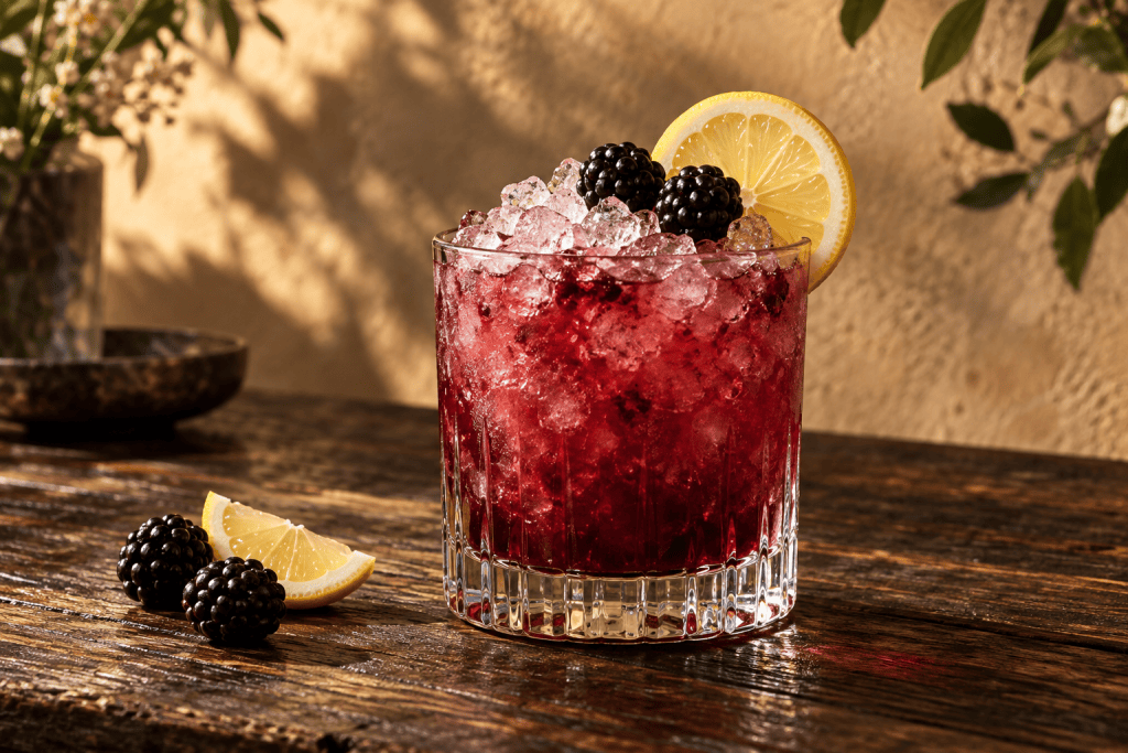 Sloe Gin Bramble im Tumbler mit Crushed Ice, Brombeeren und Zitrone
