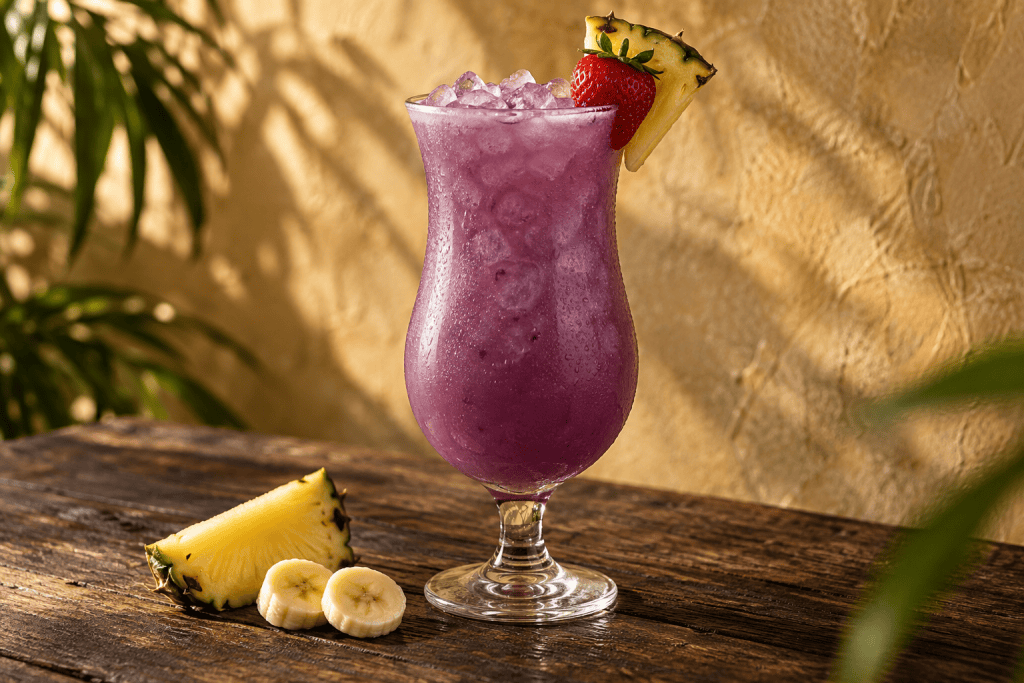Lila Sweet Gin Purple im Hurricane-Glas mit Ananas