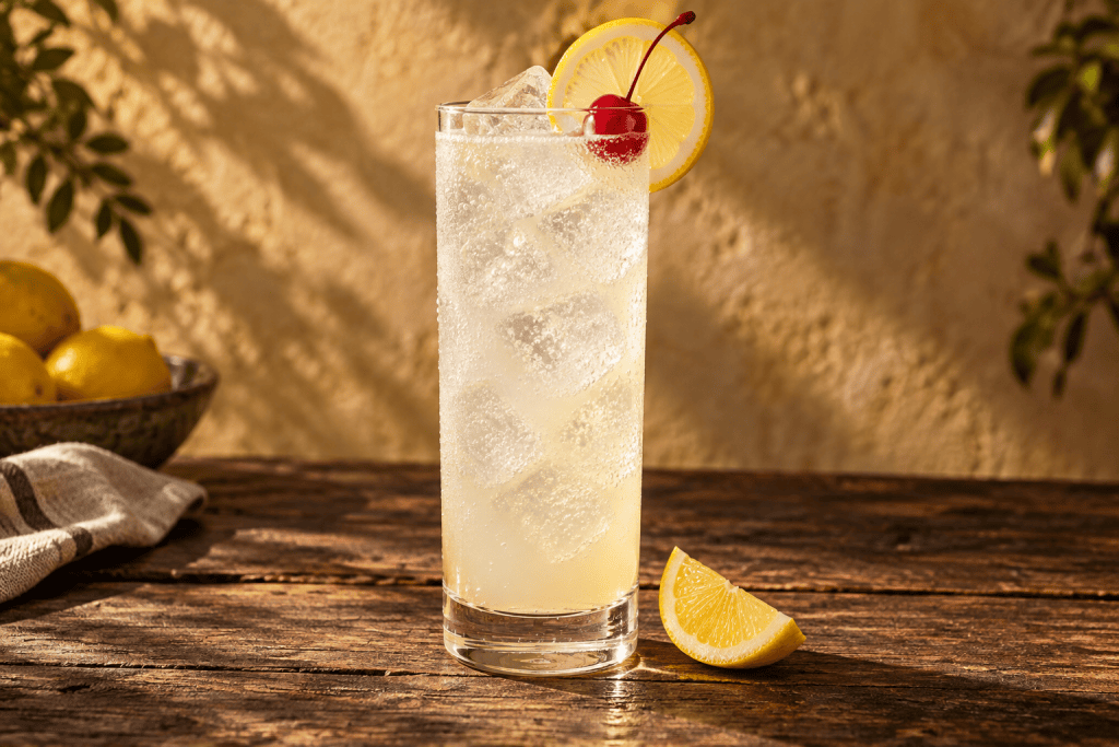 Tom Collins im Collins-Glas mit Eis, Zitrone und Cocktailkirsche