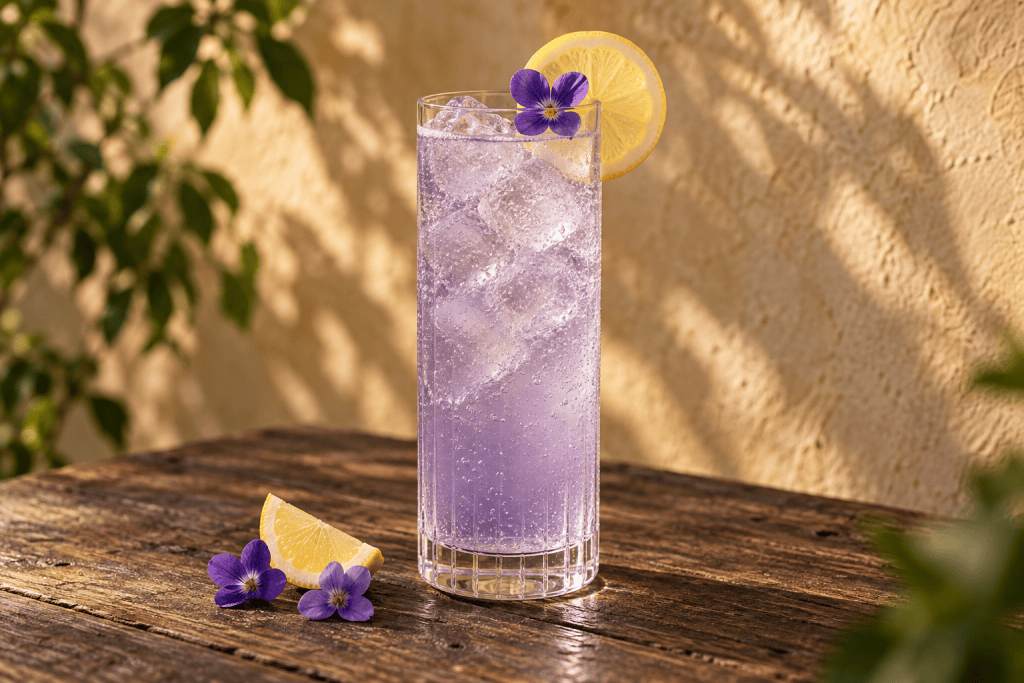 Violet Fizz im Longdrinkglas mit Veilchenblüte und Zitrone