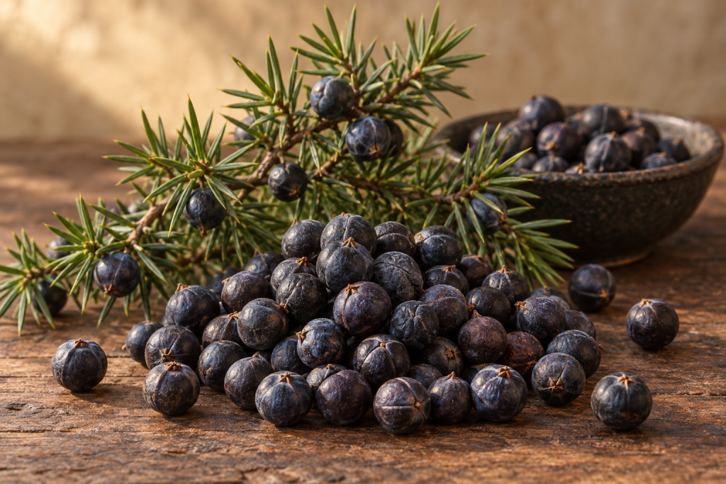 Wacholderzweig mit blauen Wacholderbeeren und Schale mit Beeren