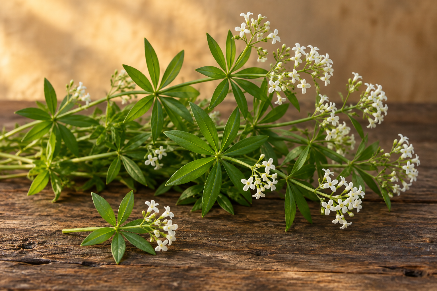 Frischer Waldmeister mit kleinen weißen Blüten