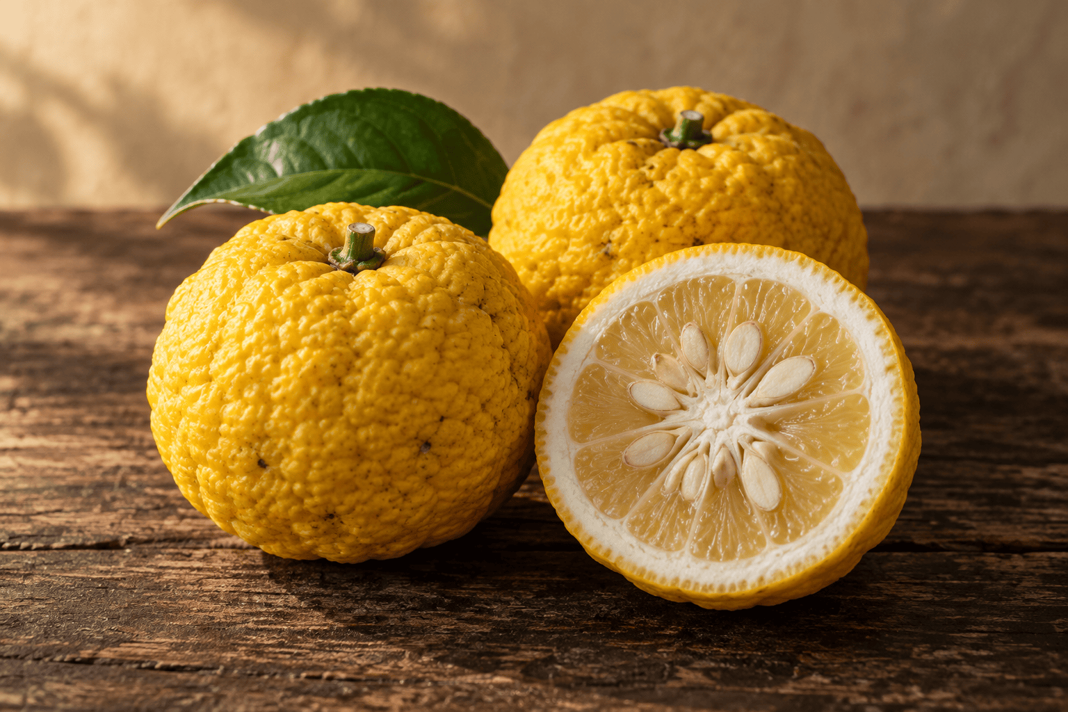 Yuzu-Früchte, eine halbiert, auf einem Holztisch